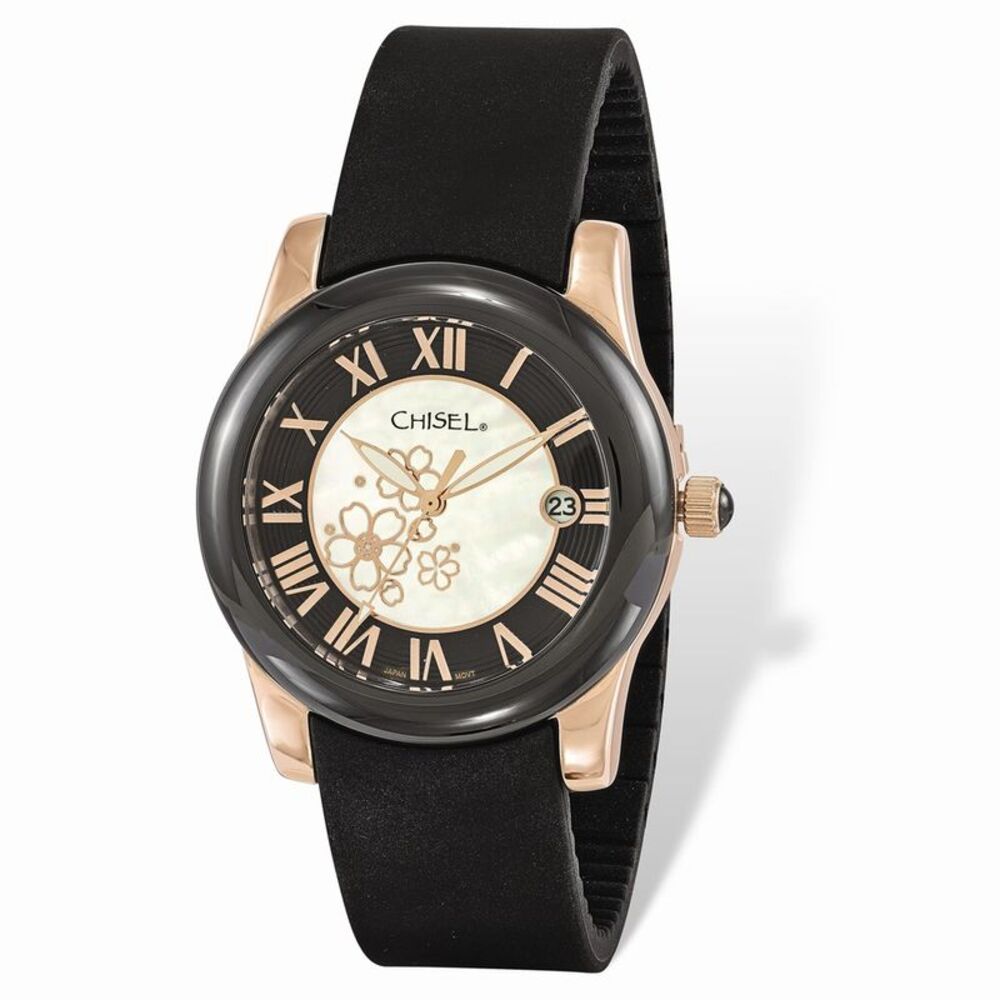Chisel Ladies Rose IP-plated Floral Dial Black Strap Watch